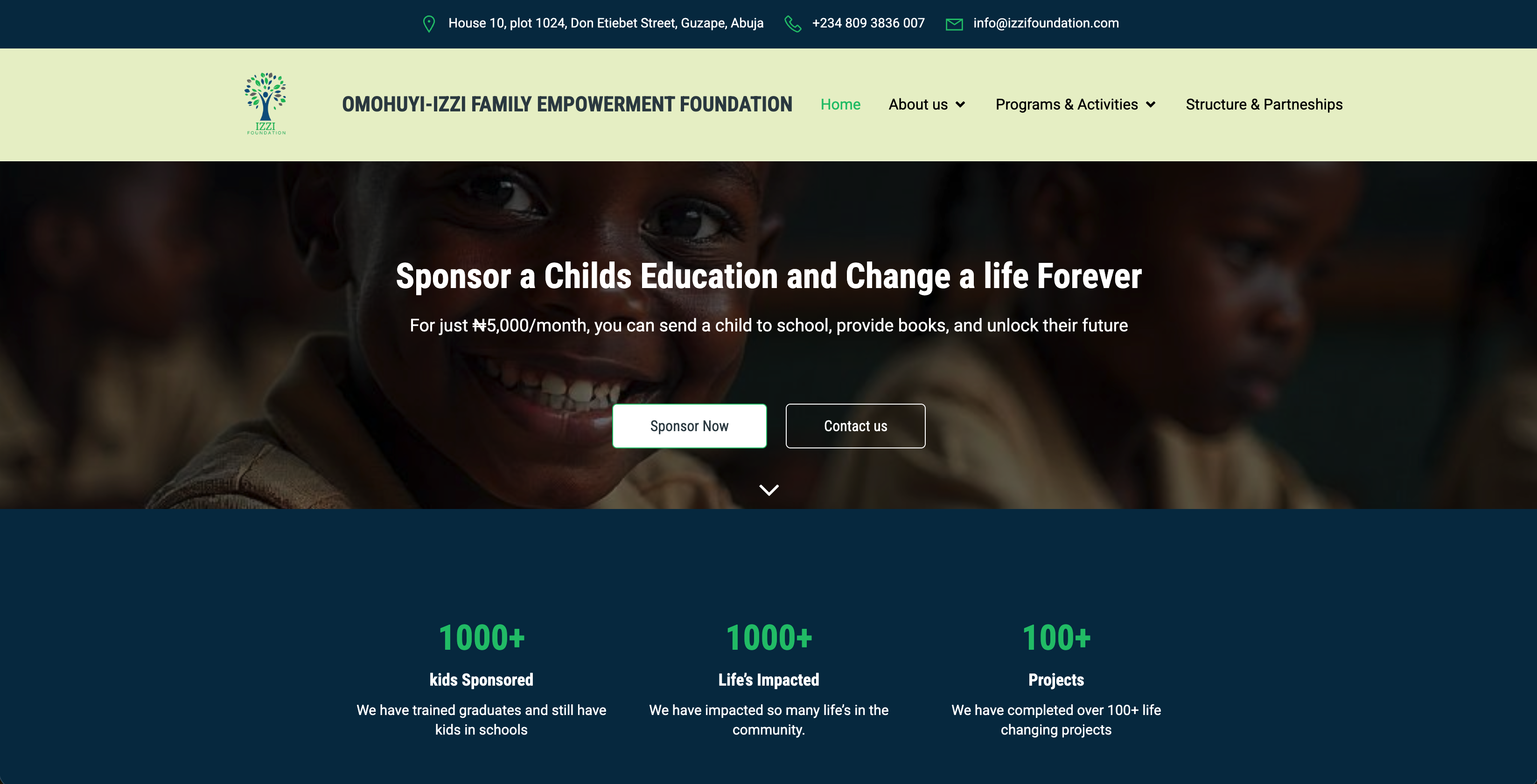 Screenshot of Omohuyi-Izzi Family Empowerment Foundation NGO website